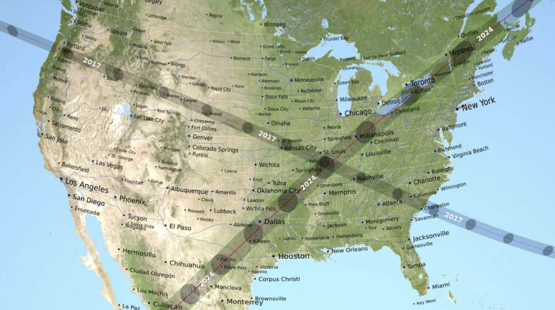 Map showing the path of totality for the 2017 and 2024 total solar eclipses. 